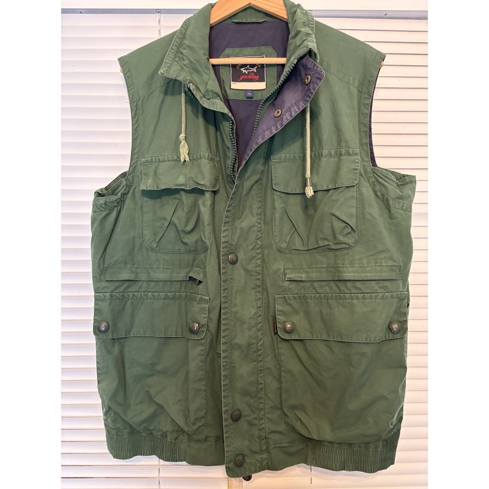 Paul & Shark Yachting Men's L Wind Vest Green Sailing Full Zip Snap Utility